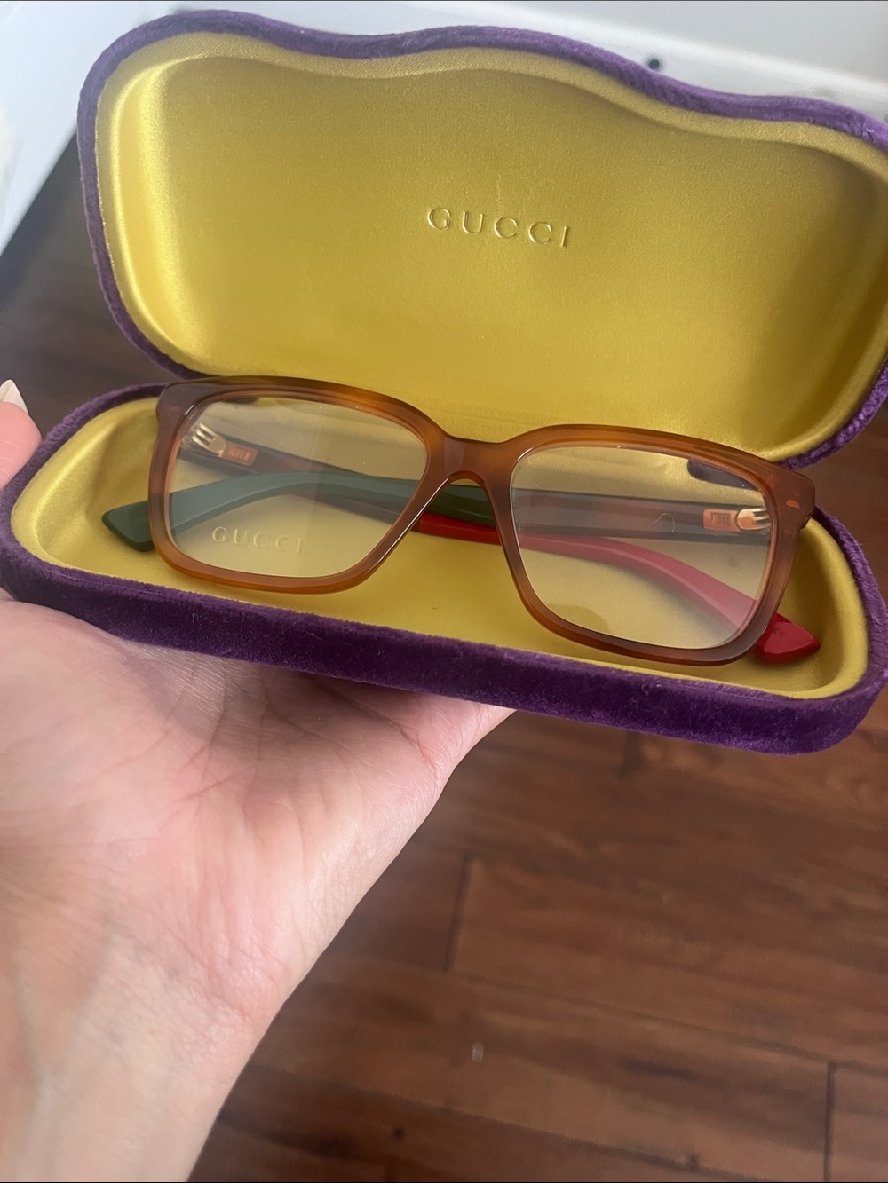 Gucci Brown Square Women's Glasses with Red & Green Temple Accents